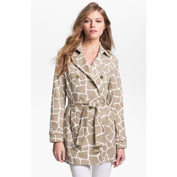 Michael Kors Double Breasted Trench Coat Tan White Mid Length Safari Animal Med - Picture 1 of 16